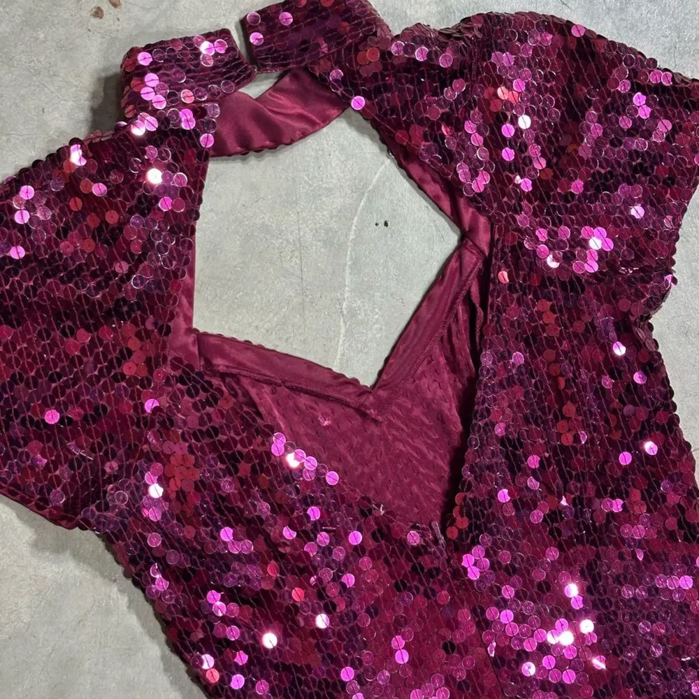 Vintage 90s Niteline by Della Roufogali Sequin Cocktail Dress Pink Fuschia Sz 4 - Picture 4 of 12